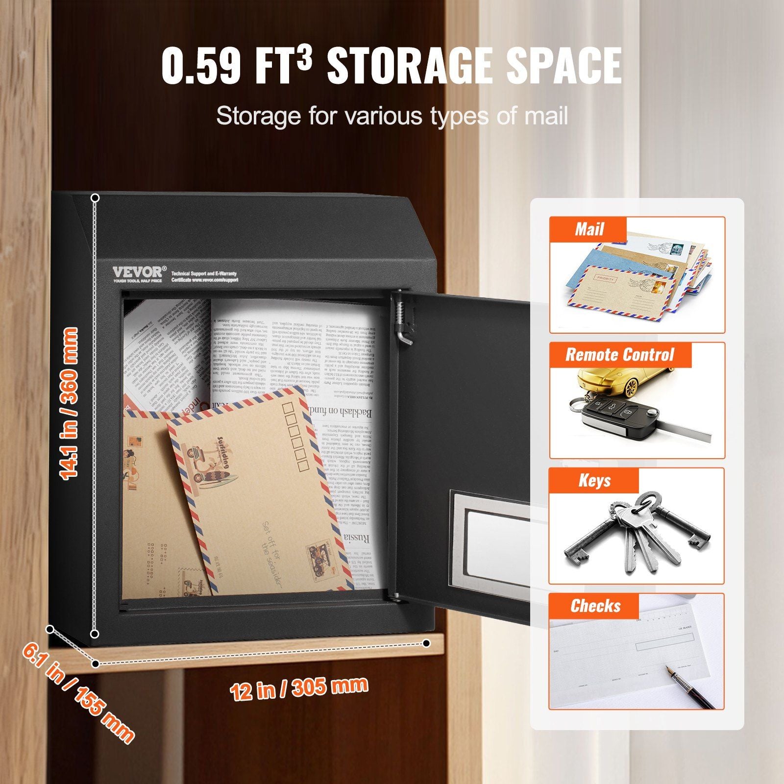 Through The Door Key Drop Box, Heavy Duty Steel Through the Door Mailbox with 12" Combination Lock, Mail Drop V952-CMXBXMMSBLACBDP02V0