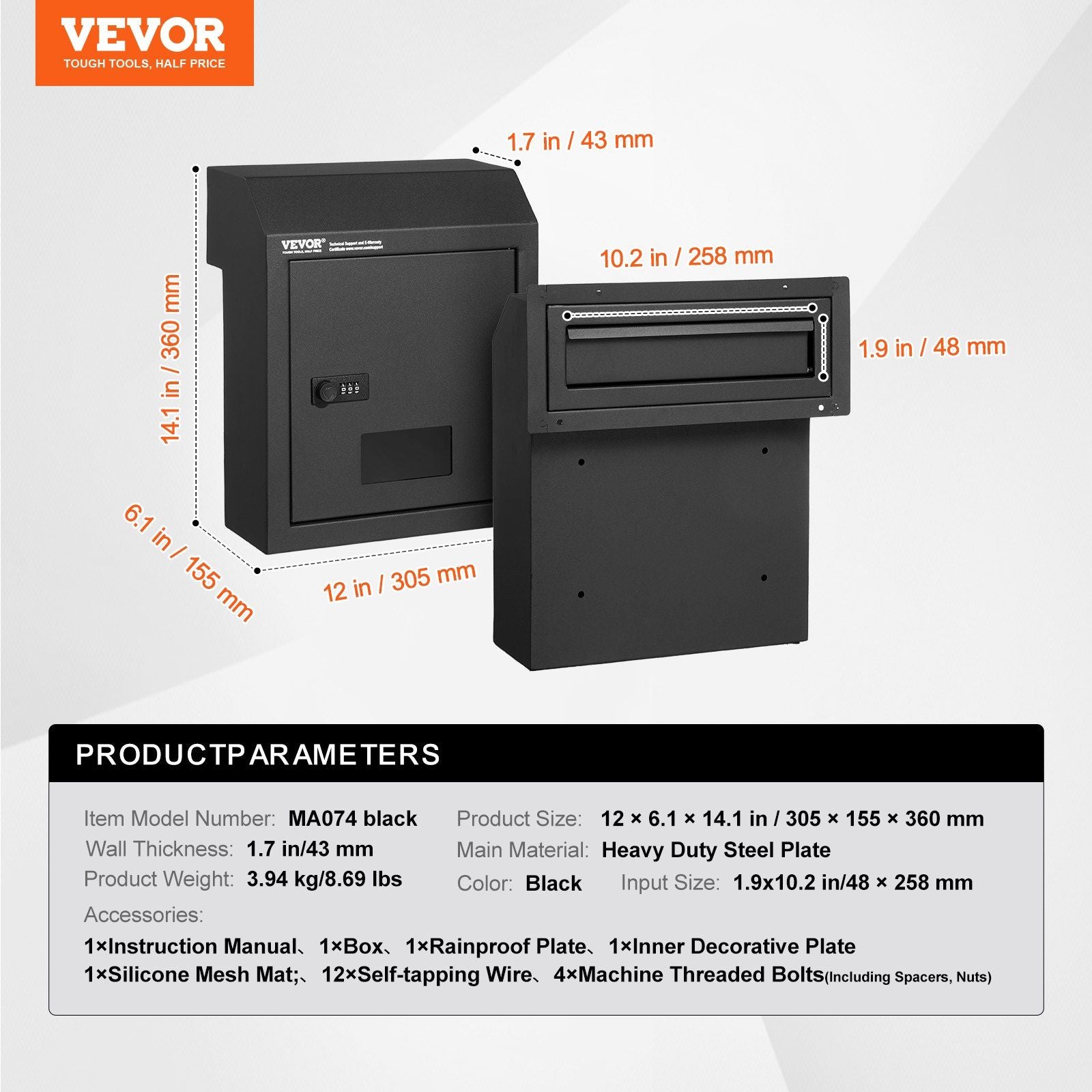 Through The Door Key Drop Box, Heavy Duty Steel Through the Door Mailbox with 12" Combination Lock, Mail Drop V952-CMXBXMMSBLACBDP02V0