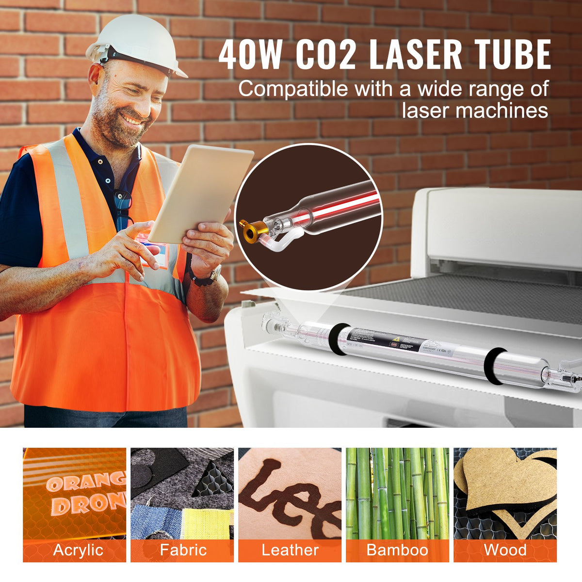 Laser Tube, 40W CO2 Laser Tube for Laser Engraver and Cutter Machine, 720 mm Length, 50 mm Diameter, Glass V952-CO2JGG40W000T6RH6V9