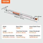 Laser Tube, 40W CO2 Laser Tube for Laser Engraver and Cutter Machine, 720 mm Length, 50 mm Diameter, Glass V952-CO2JGG40W000T6RH6V9
