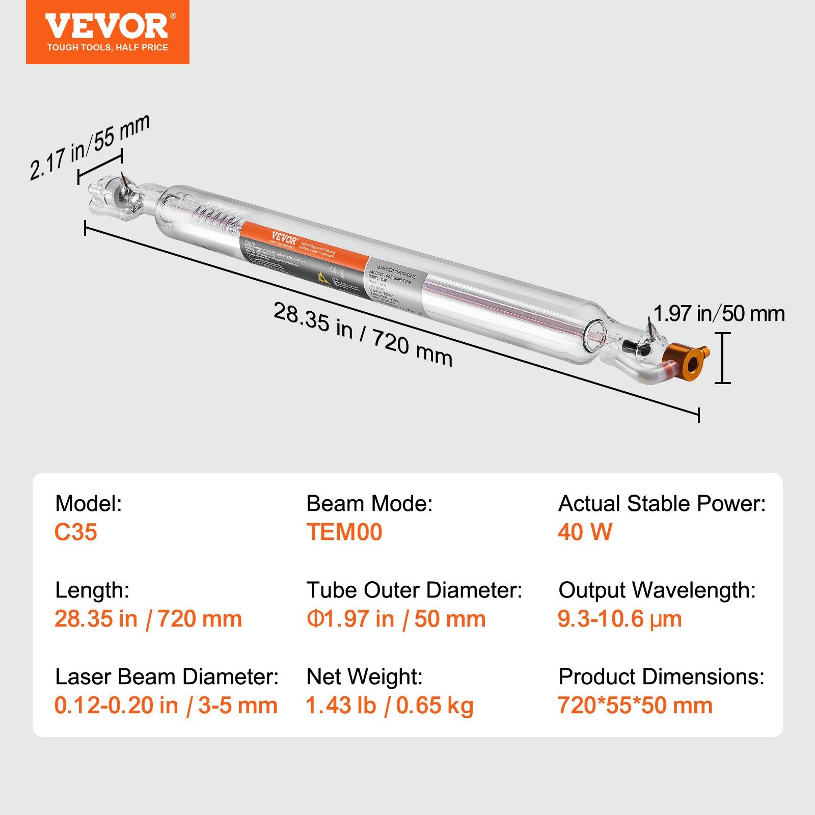 Laser Tube, 40W CO2 Laser Tube for Laser Engraver and Cutter Machine, 720 mm Length, 50 mm Diameter, Glass V952-CO2JGG40W000T6RH6V9