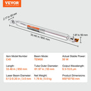 Laser Tube, 50W CO2 Laser Tube for Laser Engraver and Cutter Machine, 850 mm Length, 50 mm Diameter, Glass V952-CO2JGG50W00025GL9V9