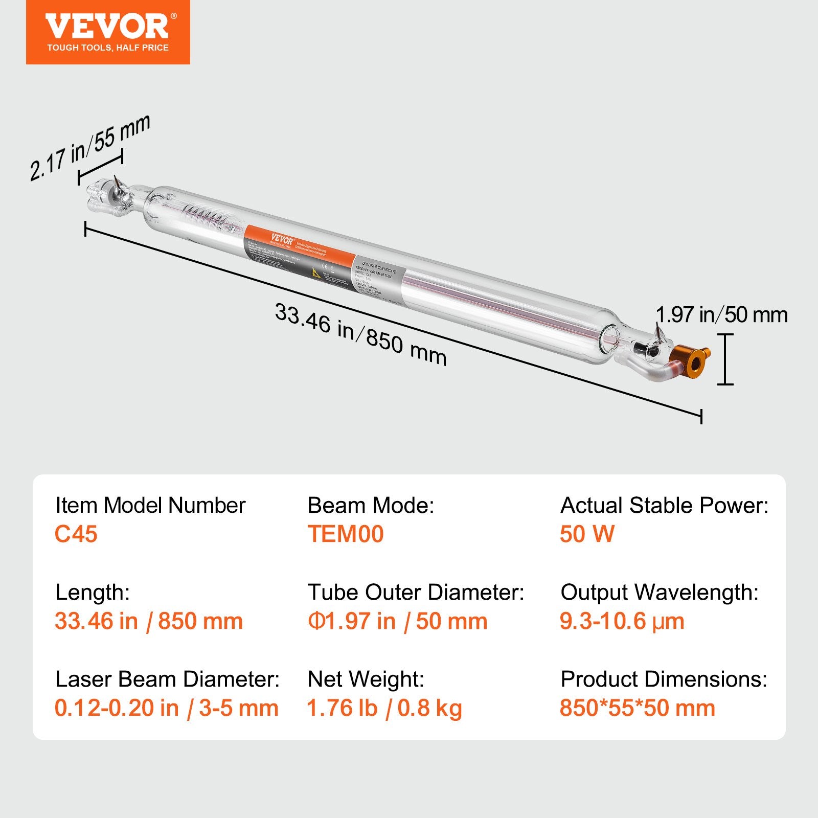 Laser Tube, 50W CO2 Laser Tube for Laser Engraver and Cutter Machine, 850 mm Length, 50 mm Diameter, Glass V952-CO2JGG50W00025GL9V9