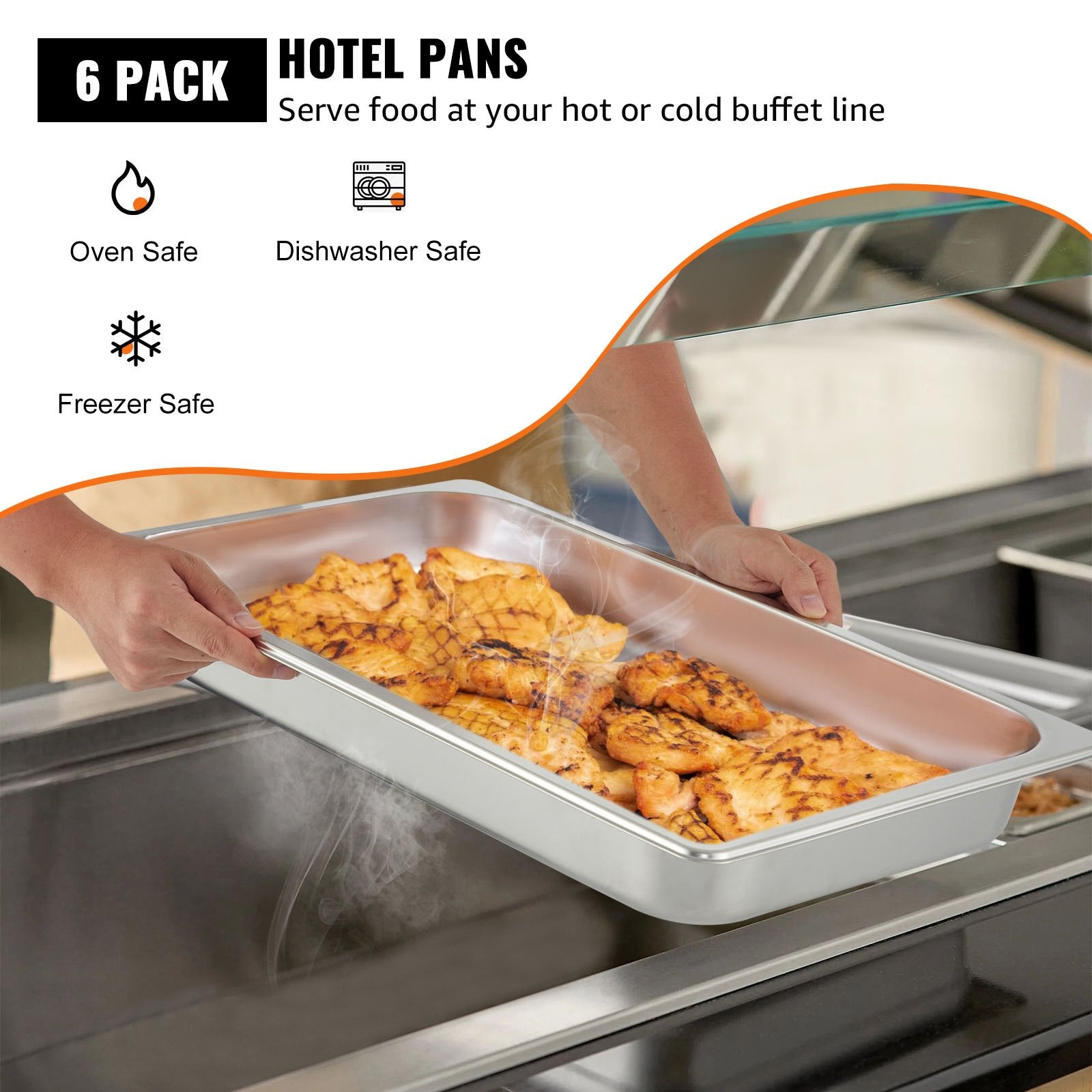 Hotel Pans Full Size 2.5 Inch Deep, Steam Table Pan 6 Pack , 22 Gauge/0.8mm Thick Stainless Steel Hotel Pan V952-CP20X12X2YCTZ6001V0