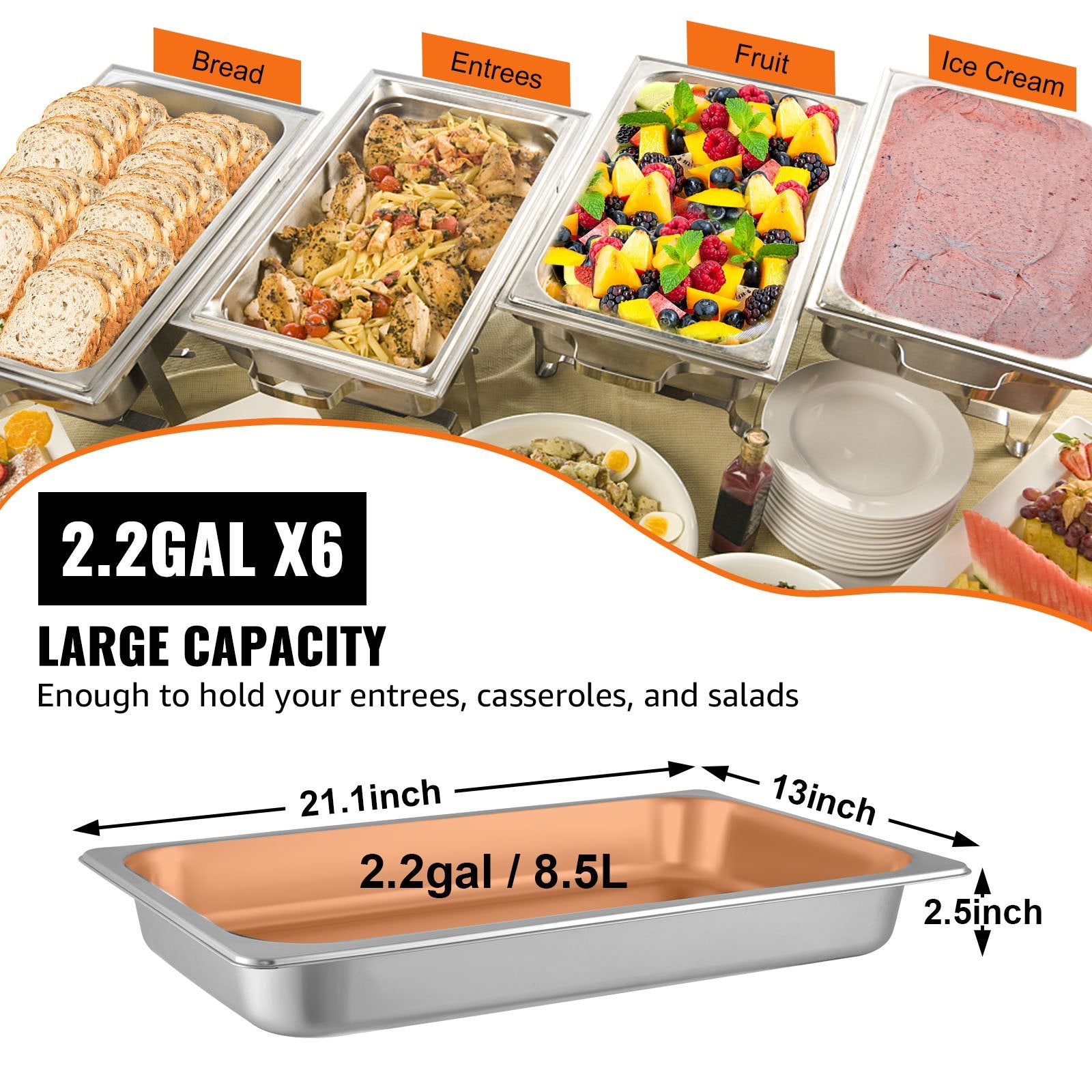 Hotel Pans Full Size 2.5 Inch Deep, Steam Table Pan 6 Pack , 22 Gauge/0.8mm Thick Stainless Steel Hotel Pan V952-CP20X12X2YCTZ6001V0