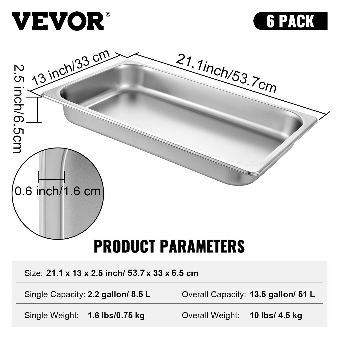 Hotel Pans Full Size 2.5 Inch Deep, Steam Table Pan 6 Pack , 22 Gauge/0.8mm Thick Stainless Steel Hotel Pan V952-CP20X12X2YCTZ6001V0