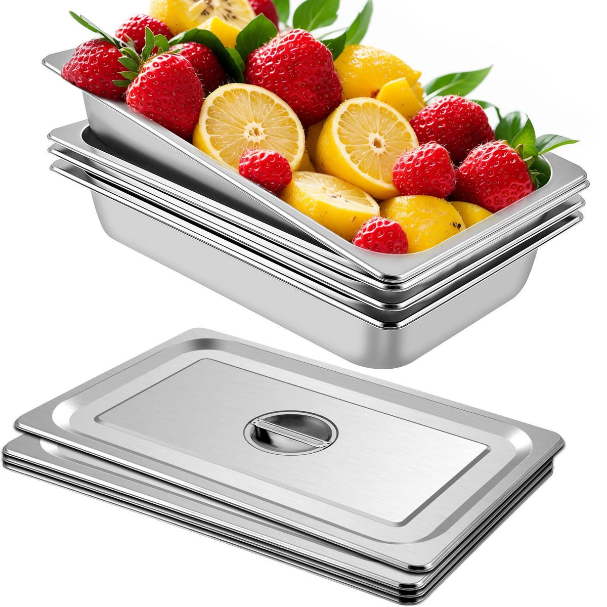 4 Pack Hotel Pan 3.7" Deep Steam Table Pan Full Size with Lid 20.8"L x 13"W Hotel Pan 22 Gauge Stainless V952-CP20X12X4YCTZ4001V0