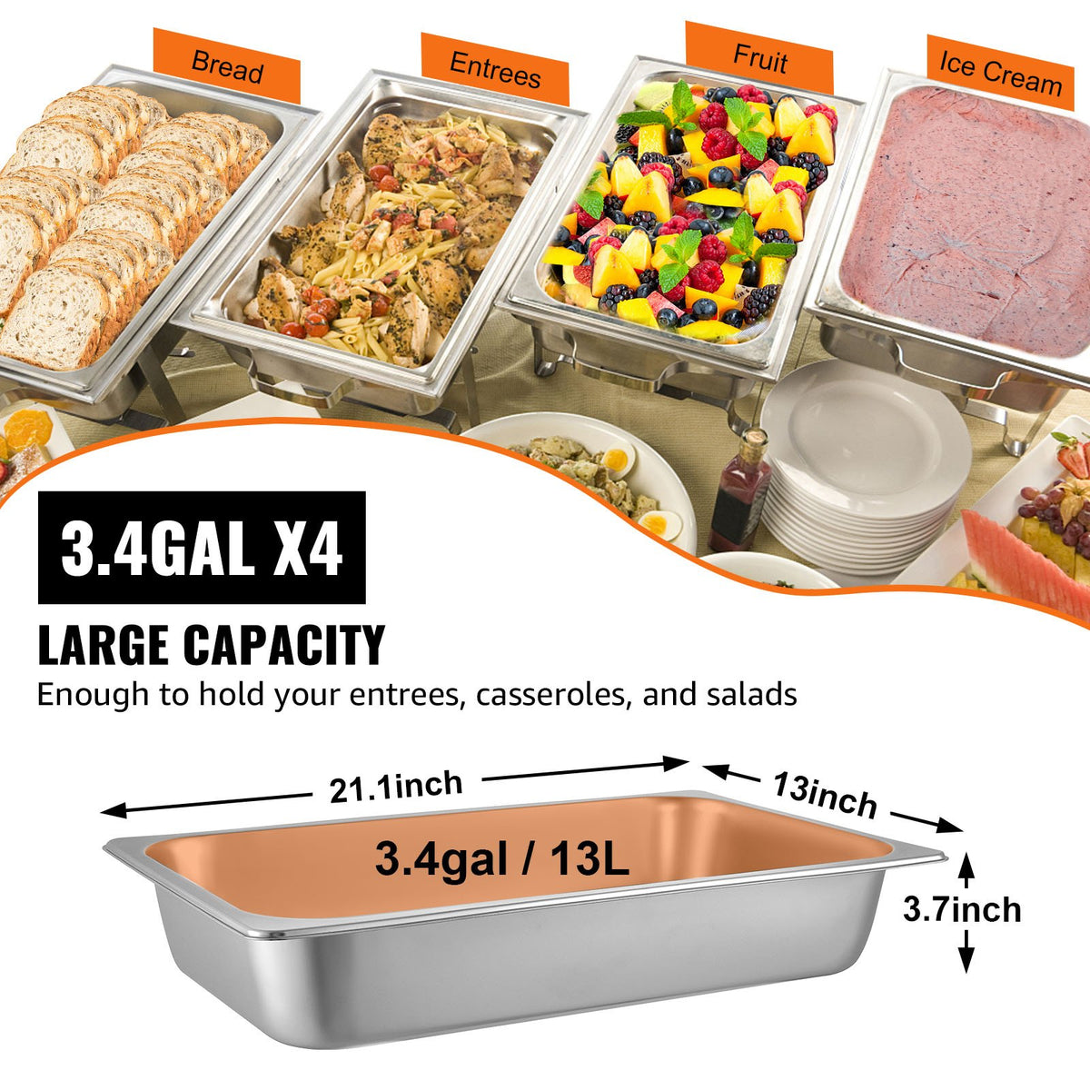 4 Pack Hotel Pan 3.7" Deep Steam Table Pan Full Size with Lid 20.8"L x 13"W Hotel Pan 22 Gauge Stainless V952-CP20X12X4YCTZ4001V0