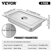 4 Pack Hotel Pan 3.7" Deep Steam Table Pan Full Size with Lid 20.8"L x 13"W Hotel Pan 22 Gauge Stainless V952-CP20X12X4YCTZ4001V0