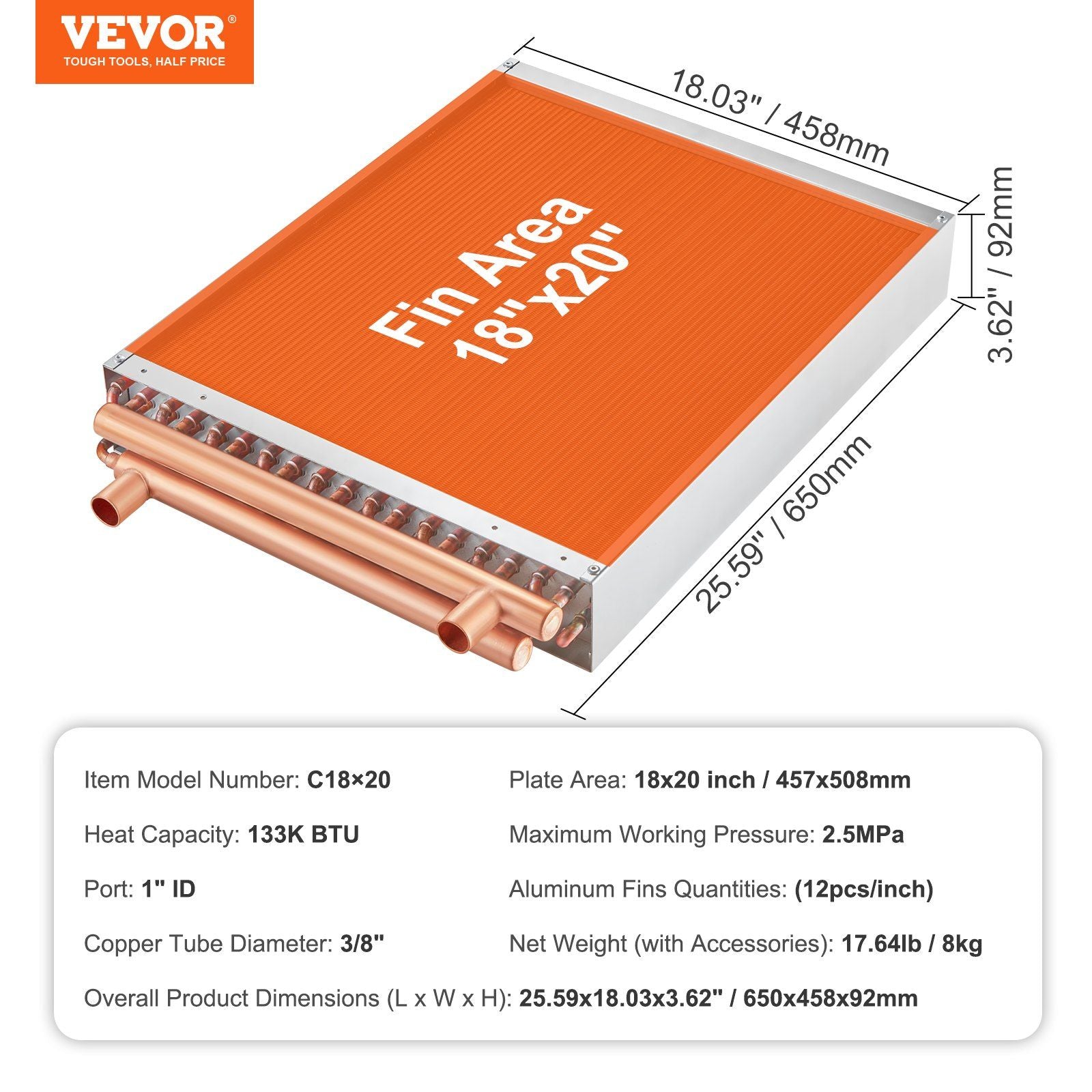 Heat Exchanger Water to Air, 18"x 20" with 3-Row 3/8" Copper Ports, 242 Aluminum Fins Heat Exchanger for V952-CPGSHRQ18200VCZ68V0