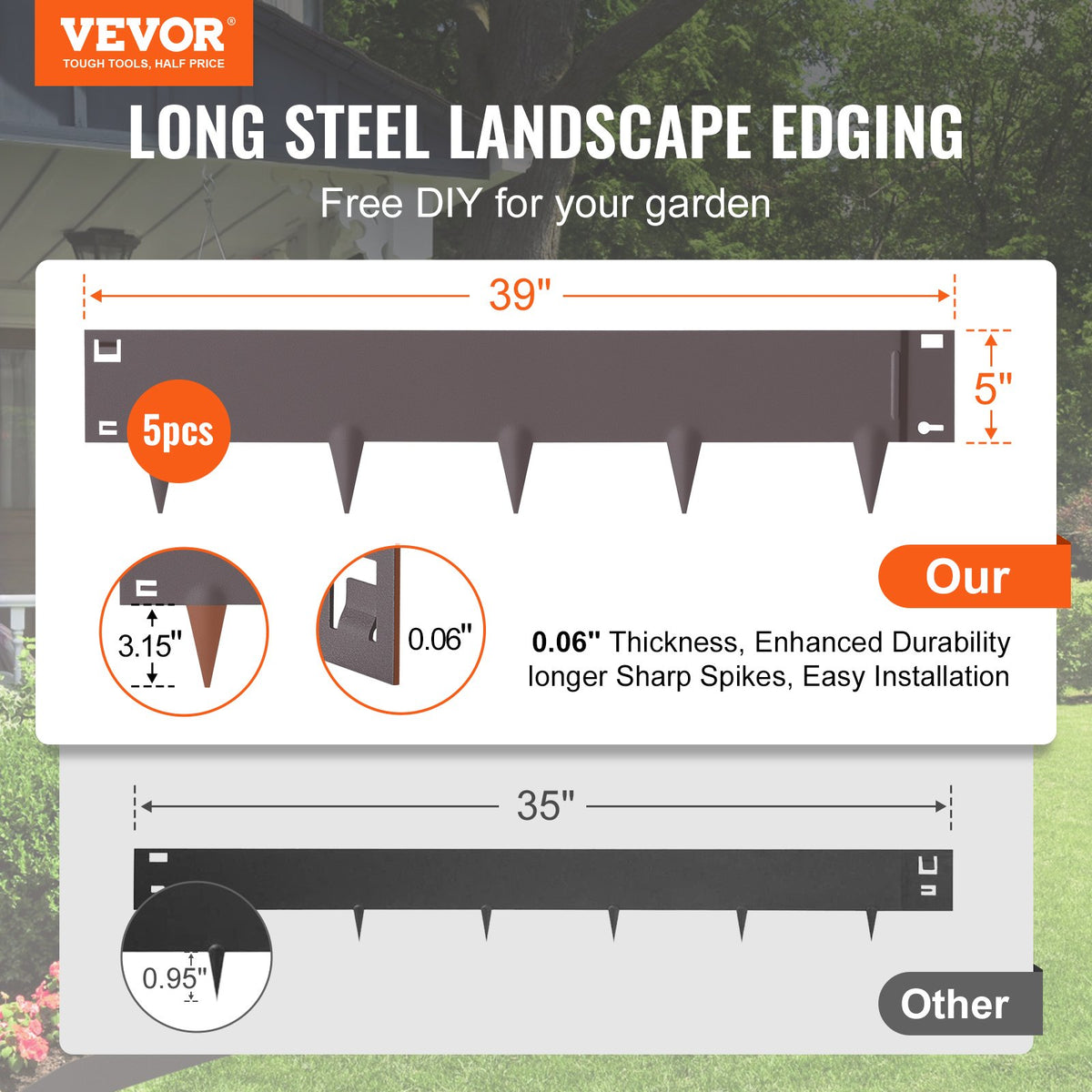 Steel Landscape Edging, 5-pack Steel Garden Edging Borders, 39" L x 5" H Strips, Hammer-in Edging Border, V952-CPPZ5INCH162R3IS3V0