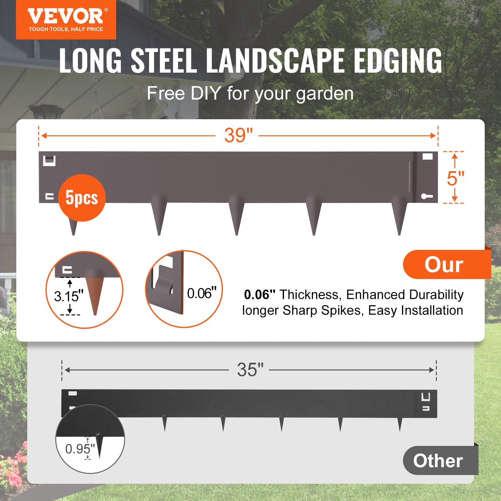 Steel Landscape Edging, 5-pack Steel Garden Edging Borders, 39" L x 5" H Strips, Hammer-in Edging Border, V952-CPPZ5INCH162R3IS3V0