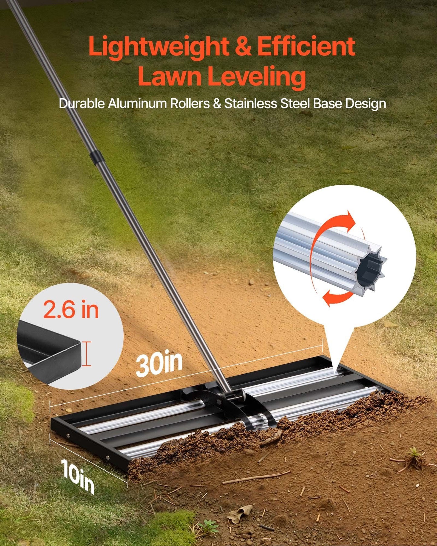 Updated Lawn Leveling Rake with Roller, 30" x 10" Stainless Steel Lawn Leveler with 83.9" Adjustable Handle, V952-CPPZPEKGLK104T4UG002V0