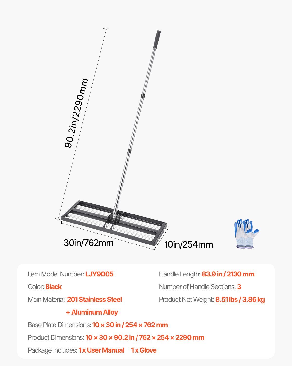 254 x 762 mm Lawn Leveling Rake with 2130 mm Adjustable Handle for Yard Garden V952-CPPZPEKGLK104T4UGV0