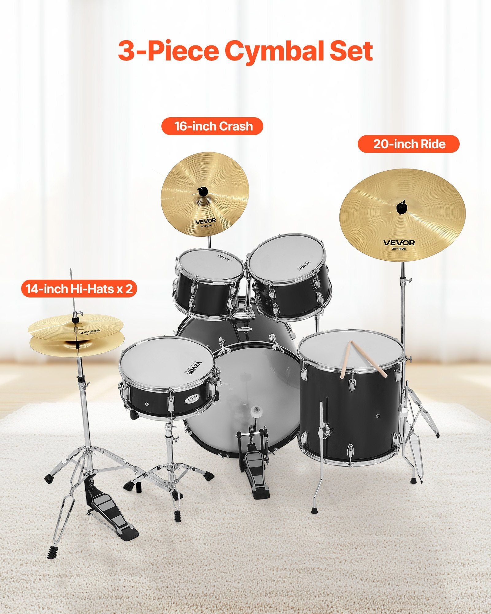 Cymbal Pack, 3 Pieces Cymbals for Drum Set, Alloy Cymbals Drum Set Includes 35.5 cm Hi-Hats, 40 cm Crash, V952-CPTZCPTZ3ZXGGQ223001V0