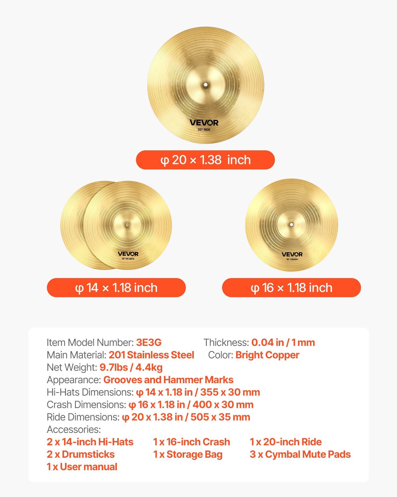 Cymbal Pack, 3 Pieces Cymbals for Drum Set, Alloy Cymbals Drum Set Includes 35.5 cm Hi-Hats, 40 cm Crash, V952-CPTZCPTZ3ZXGGQ223001V0