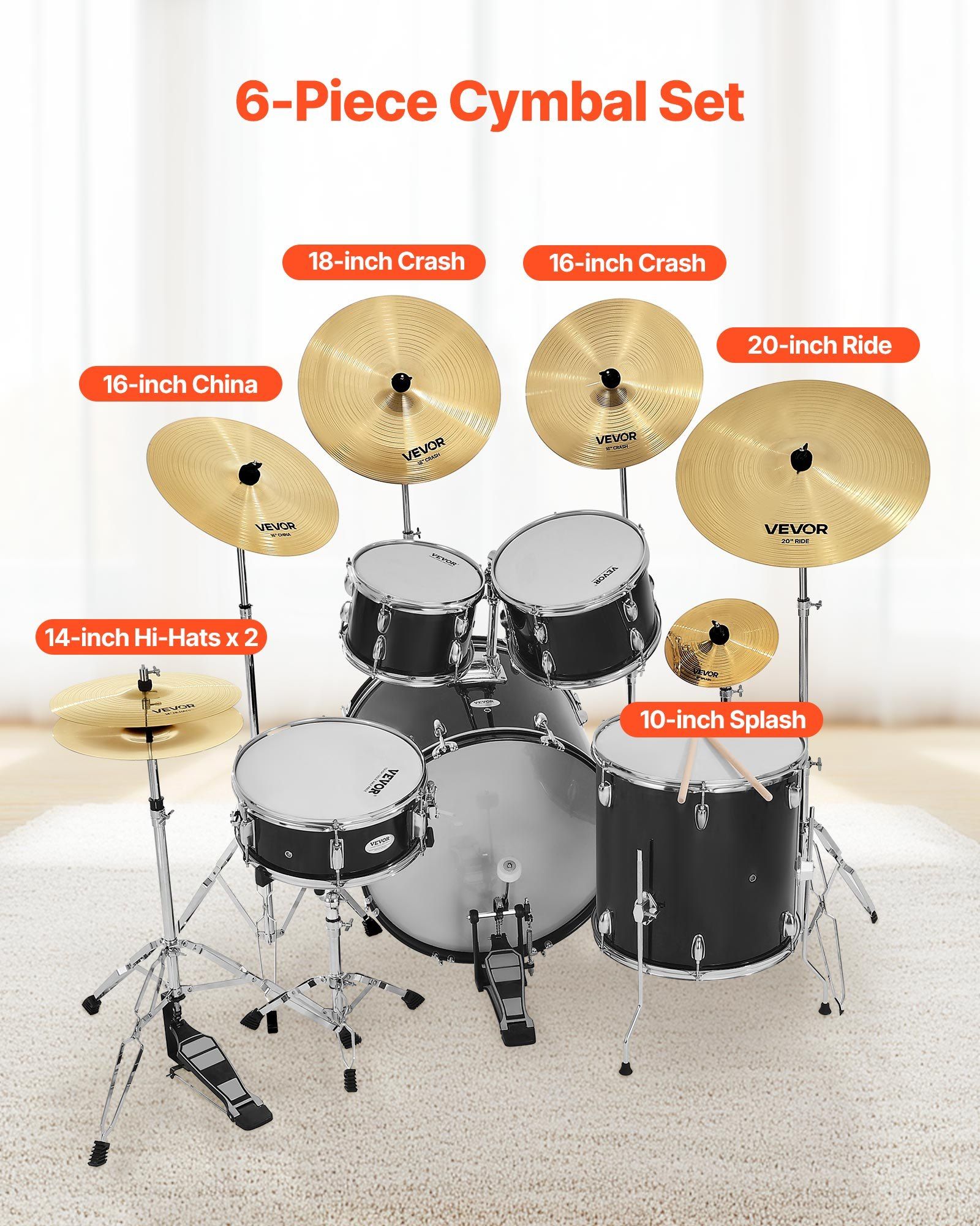Cymbal Pack, 6 Pieces Cymbals for Drum Set, Alloy Cymbals Drum Set Includes 35.5 cm Hi-Hats, 40 cm Crash, V952-CPTZCPTZ5ZXGBITH1001V0