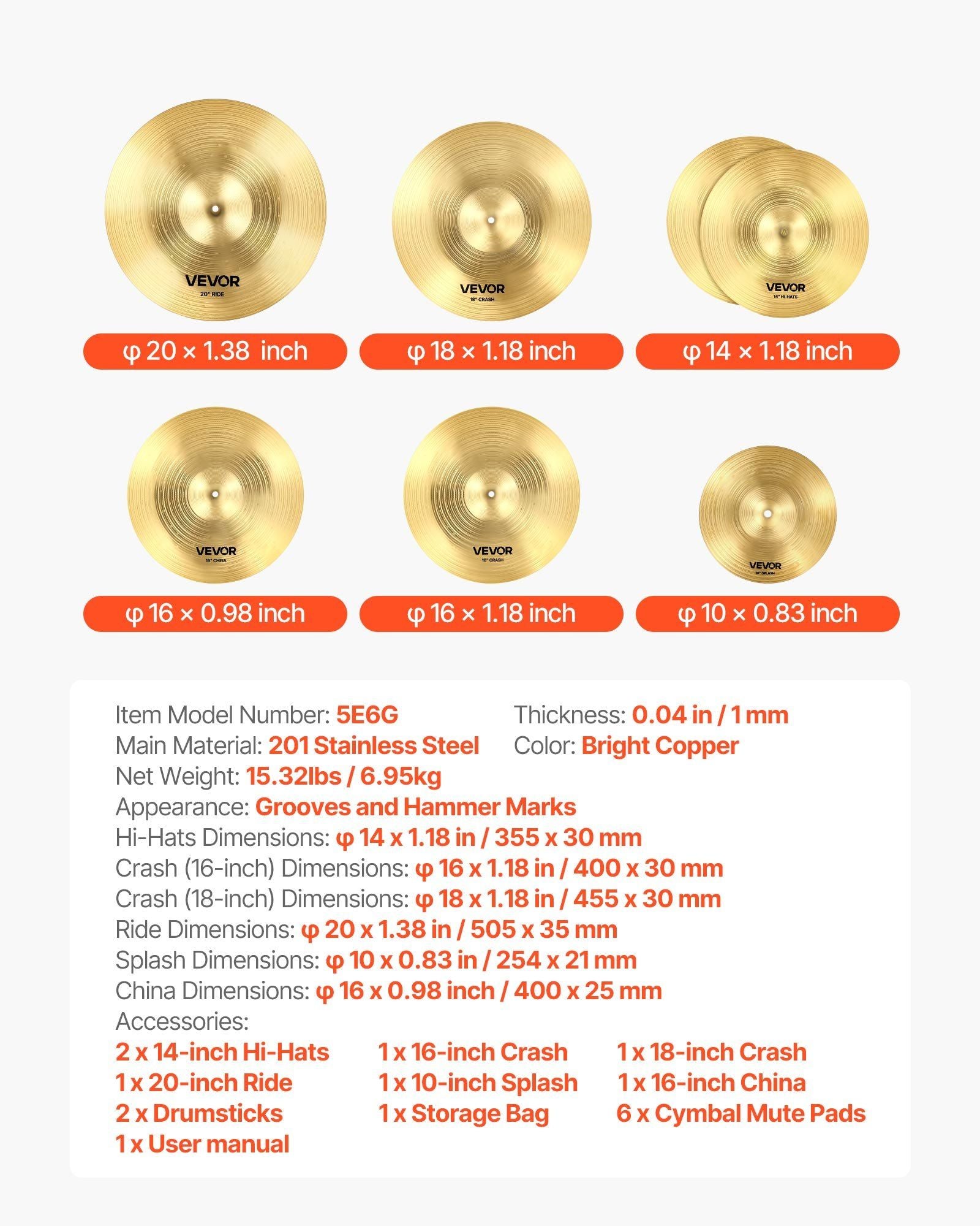 Cymbal Pack, 6 Pieces Cymbals for Drum Set, Alloy Cymbals Drum Set Includes 35.5 cm Hi-Hats, 40 cm Crash, V952-CPTZCPTZ5ZXGBITH1001V0
