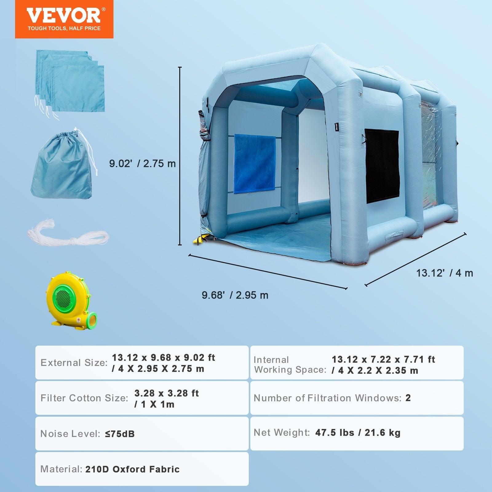 Inflatable Spray Booth Car Paint Tent 13x10x9ft Filter System Blower 950W V952-CQ13109FT950WSOKVV3