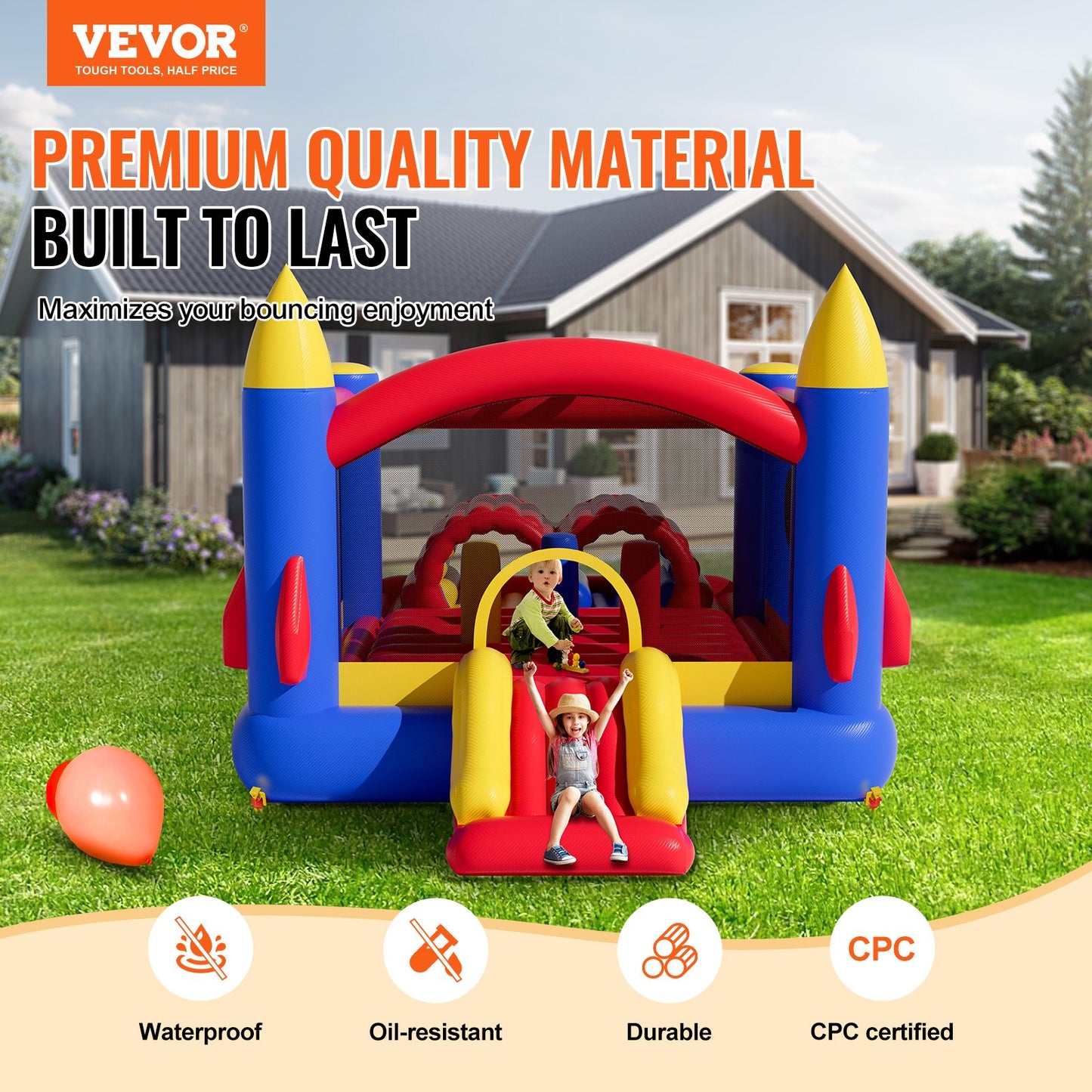 Inflatable Bounce House, Outdoor High Quality Playhouse Trampoline, Jumping Bouncer with Blower, Slide, and V952-CQCBBHYC101164JT9V3