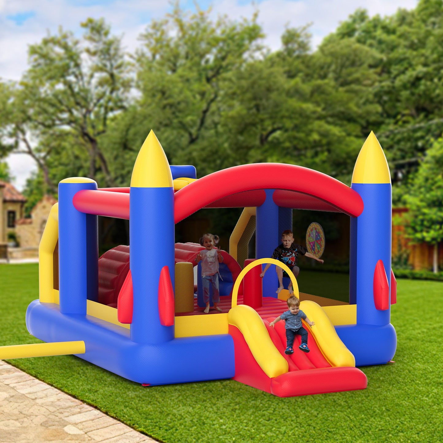 Inflatable Bounce House, Outdoor High Quality Playhouse Trampoline, Jumping Bouncer with Blower, Slide, and V952-CQCBBHYC101164JT9V3