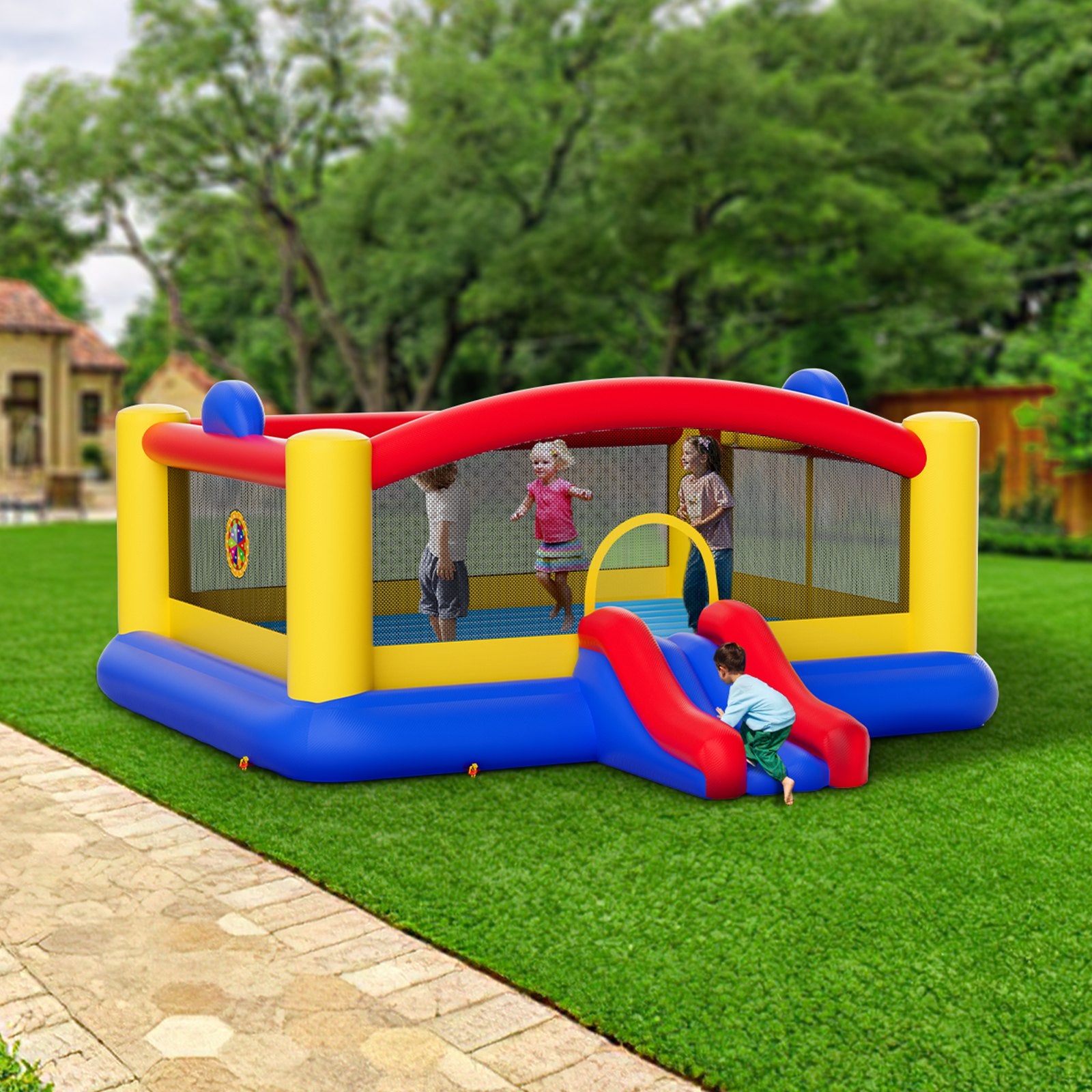 Inflatable Bounce House, Outdoor High Quality Playhouse Trampoline, Jumping Bouncer with Blower, Slide, and V952-CQCBBHYC2021Z5HY3V3
