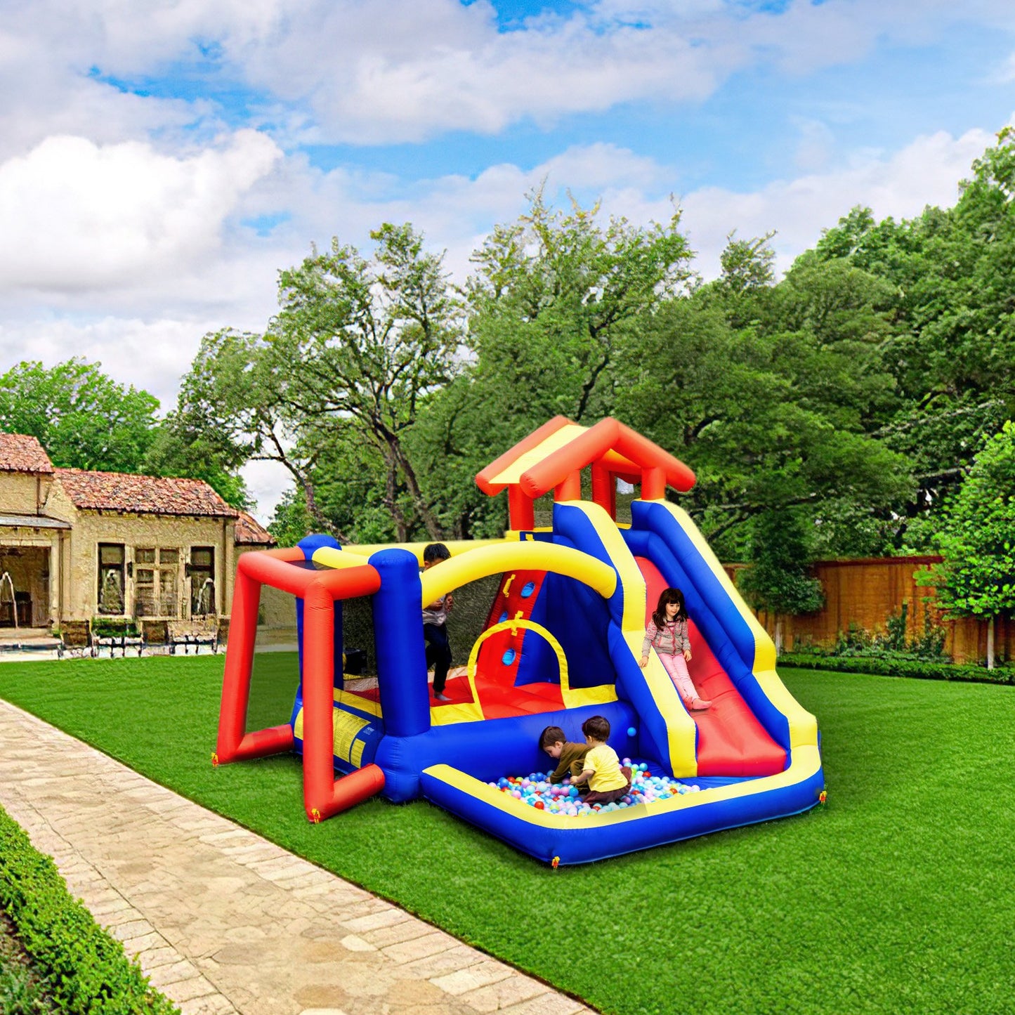Inflatable Bounce House, Outdoor High Quality Playhouse Trampoline, Jumping Bouncer with Blower, Slide, and V952-CQCBBHYC910PNGK5GV3