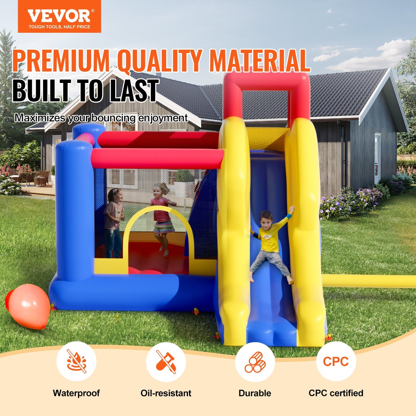 Inflatable Bounce House, Outdoor High Quality Playhouse Trampoline, Jumping Bouncer with Blower, Slide, and V952-CQCBBHYC910PO49AIV3