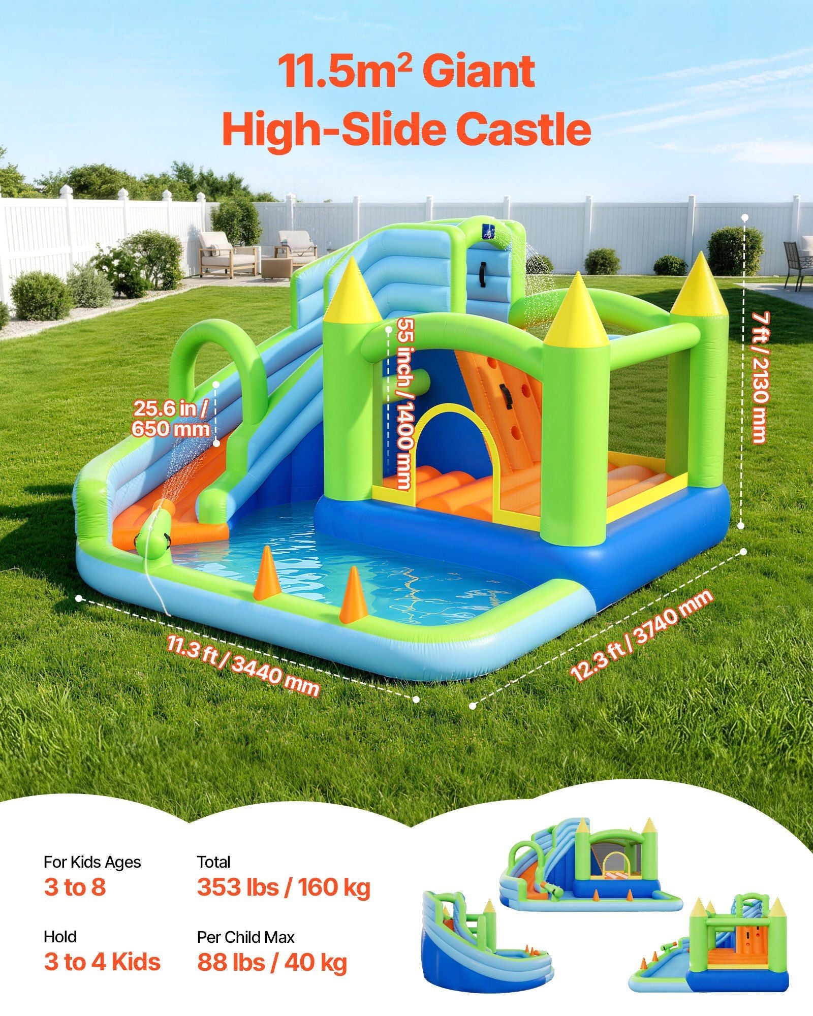Inflatable Bounce House, 3.4 x 3.74 x 2.13 m Inflatable Bounce House Water Slide, Bouncer Castle with Castle V952-CQCBKWSLXSCG0IQ90001V3