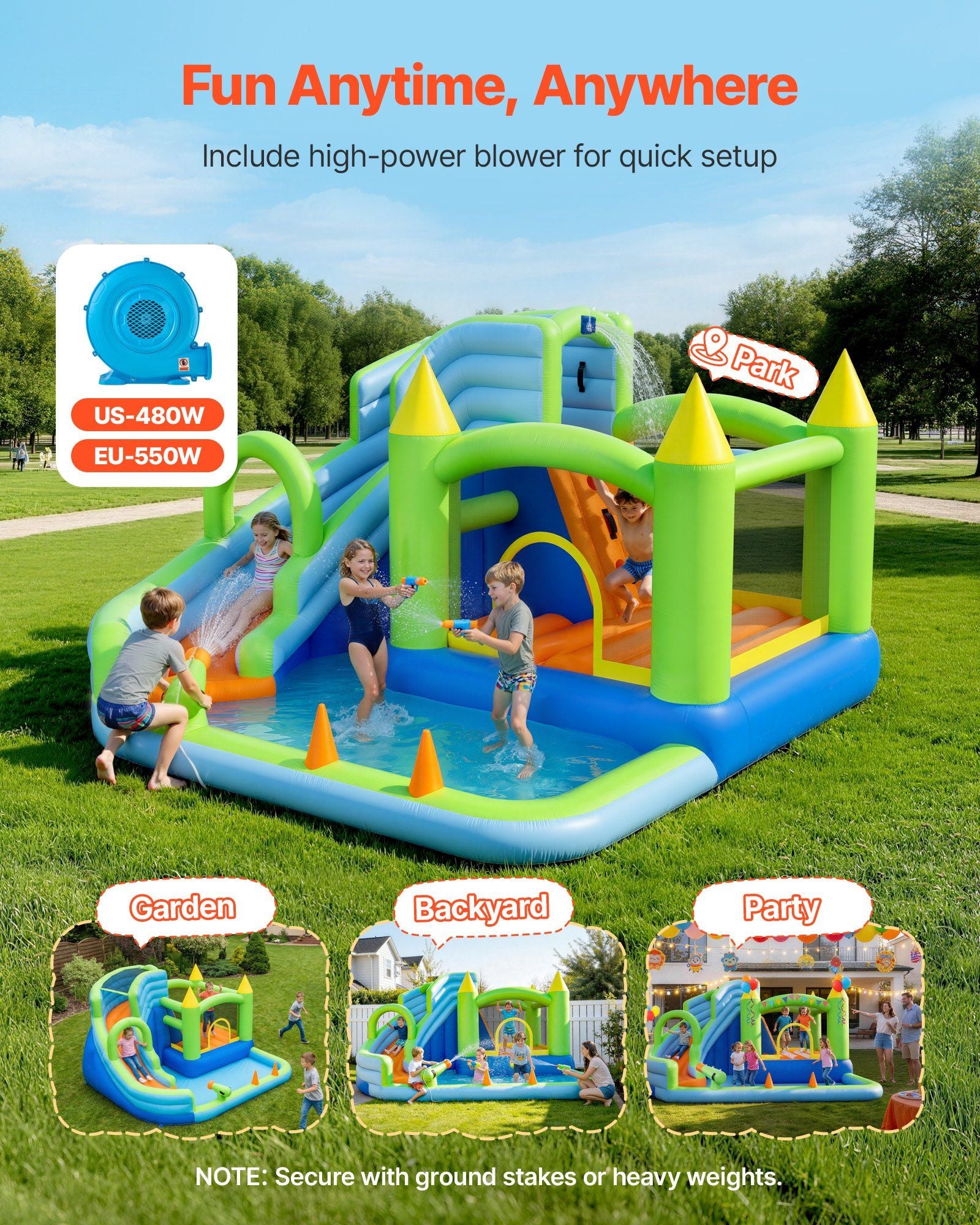 Inflatable Bounce House, 3.4 x 3.74 x 2.13 m Inflatable Bounce House Water Slide, Bouncer Castle with Castle V952-CQCBKWSLXSCG0IQ90001V3