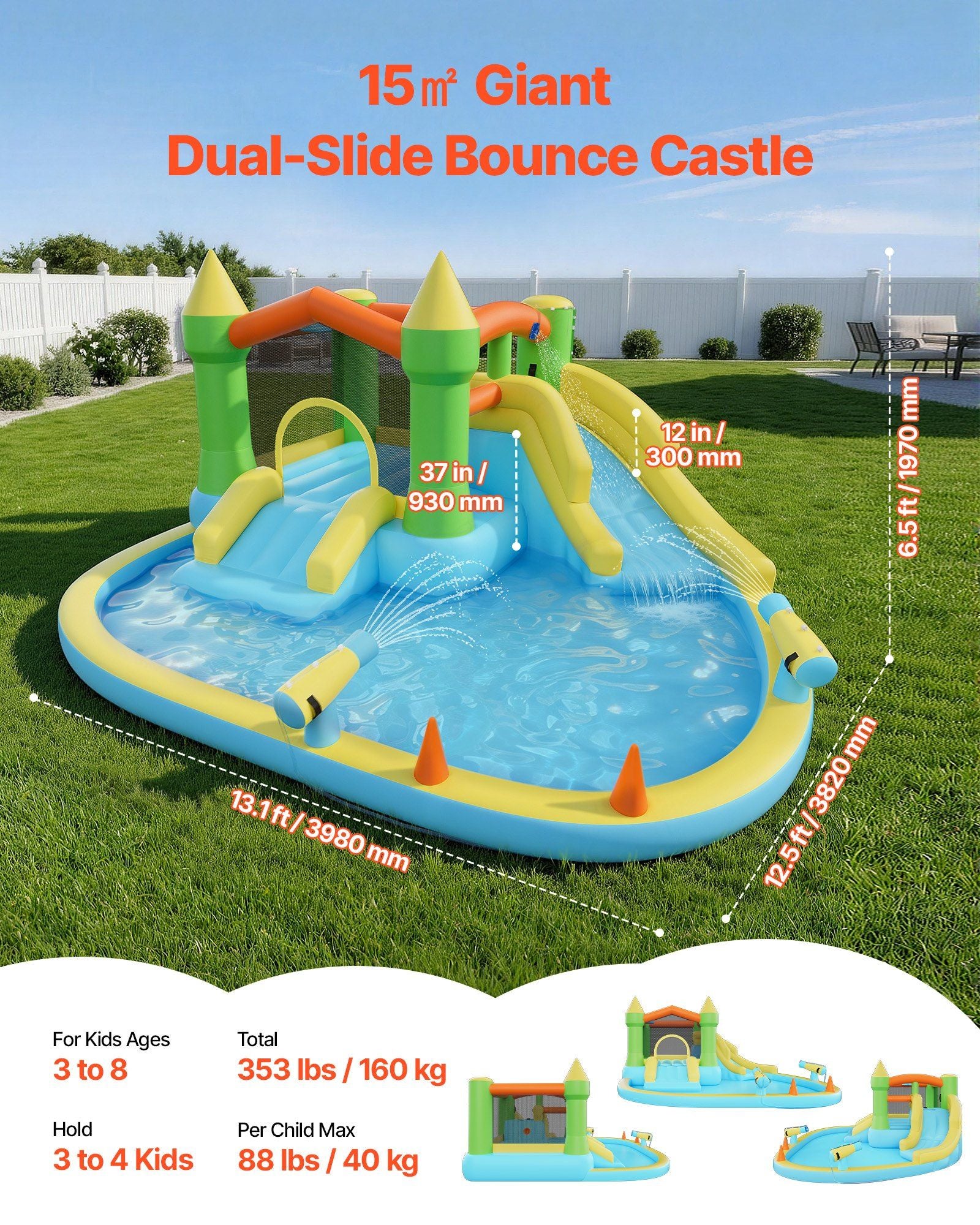 Inflatable Bounce House, 3.82 x 3.98 x 1.97 m Inflatable Bounce House Water Slide, Bouncer Castle with Castle V952-CQCBKWSLXSCXQDNIX001V3