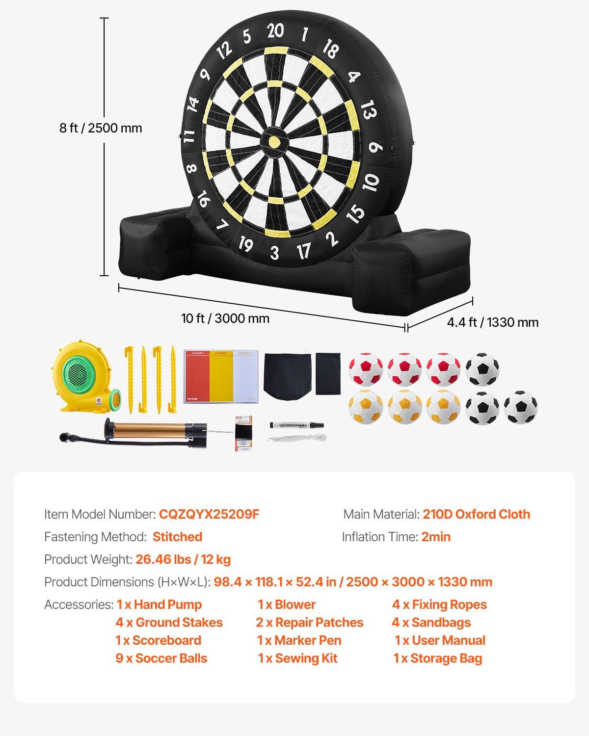 Inflatable Soccer Dart Board, over 2.5 m High Giant Soccer Dart Board with 9 Kick Balls & Air Pump, 2-Minutes V952-CQJXZQFB25MMNUSSW001V3