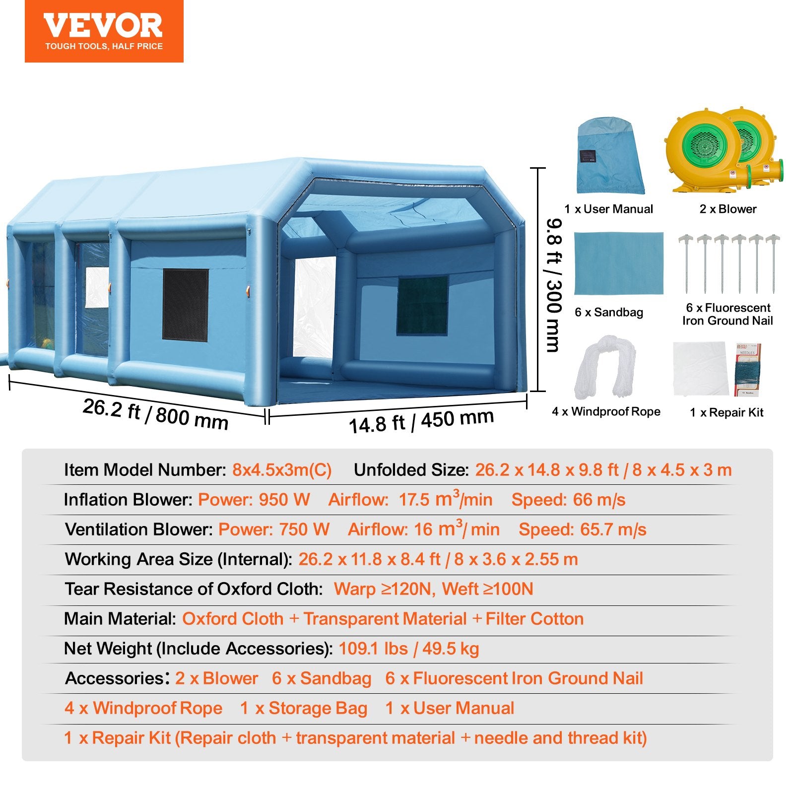 Inflatable Paint Booth 26.2x14.8x9.8ft Inflatable Spray Booth 950W+750W V952-CQSPQFLSKCGLK7J8AV3