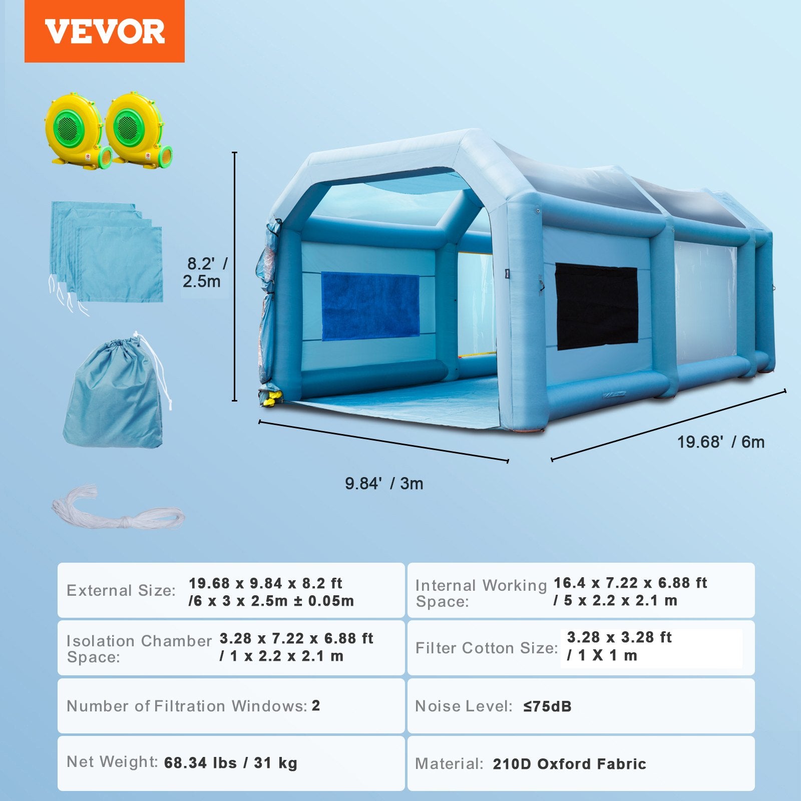 Inflatable Spray Booth Car Paint Tent 20x10x8ft Filter System 2 Blowers V952-CQSPQFLSS2010Y97FV3