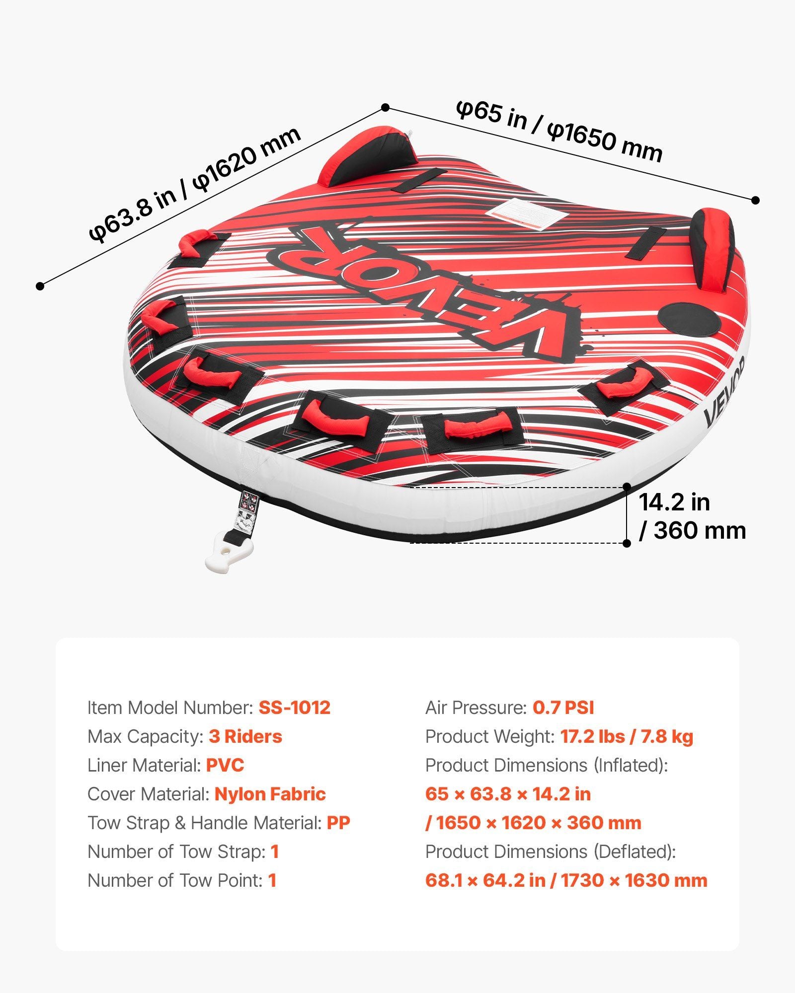 Towable Tube for Boating, 3 Riders Inflatable Boat Tubes and Towables, 231 kg Capacity Water Sport Towable V952-CQTL3PDDX3RH9FY22001V0