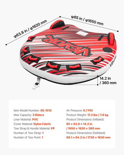 Towable Tube for Boating, 3 Riders Inflatable Boat Tubes and Towables, 231 kg Capacity Water Sport Towable V952-CQTL3PDDX3RH9FY22001V0