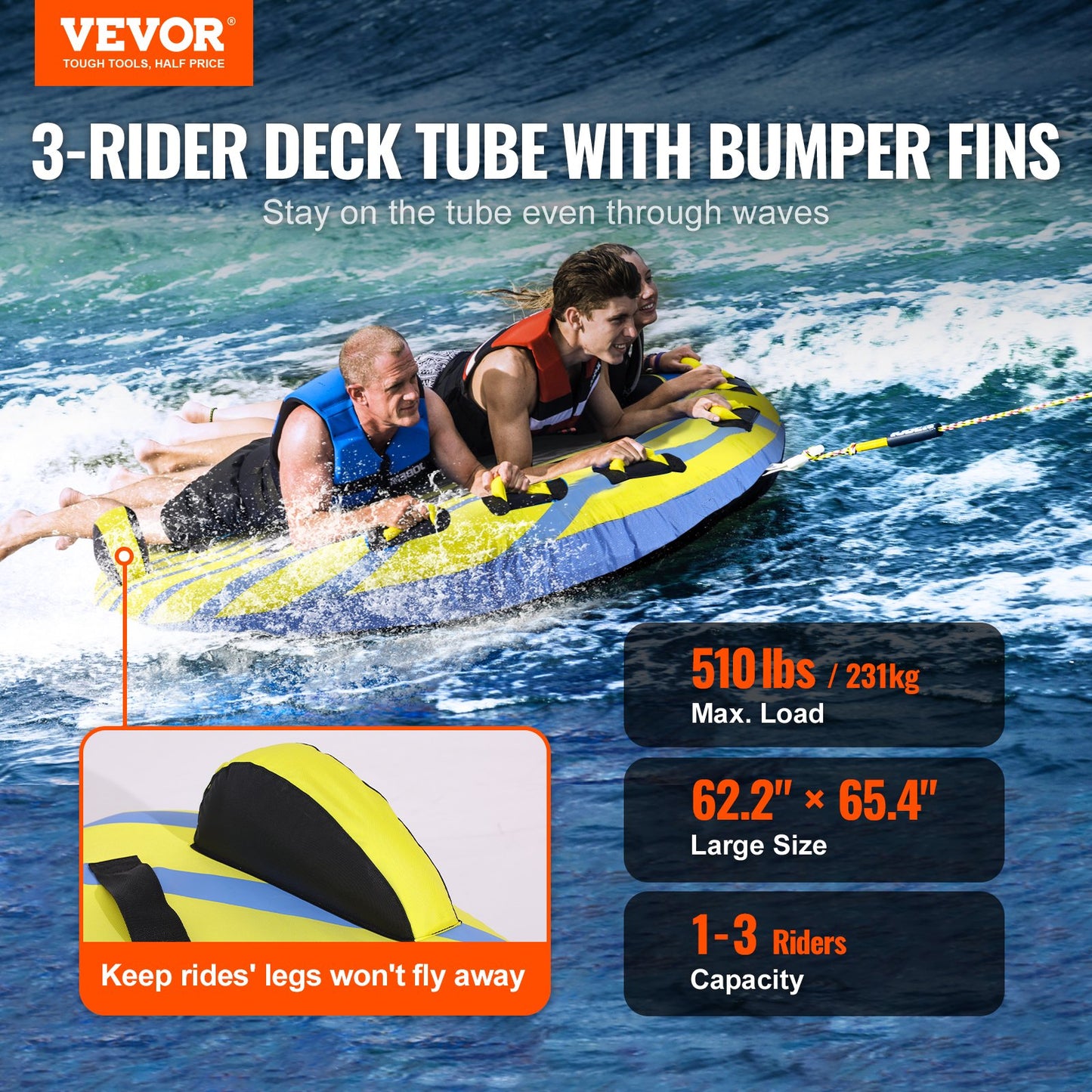 Towable Tube for Boating, 1-3 Riders Inflatable Towable Tube with Bumper Fins, 510 lbs Water Sport Towable V952-CQTLPDDX3R009ZIE2V0