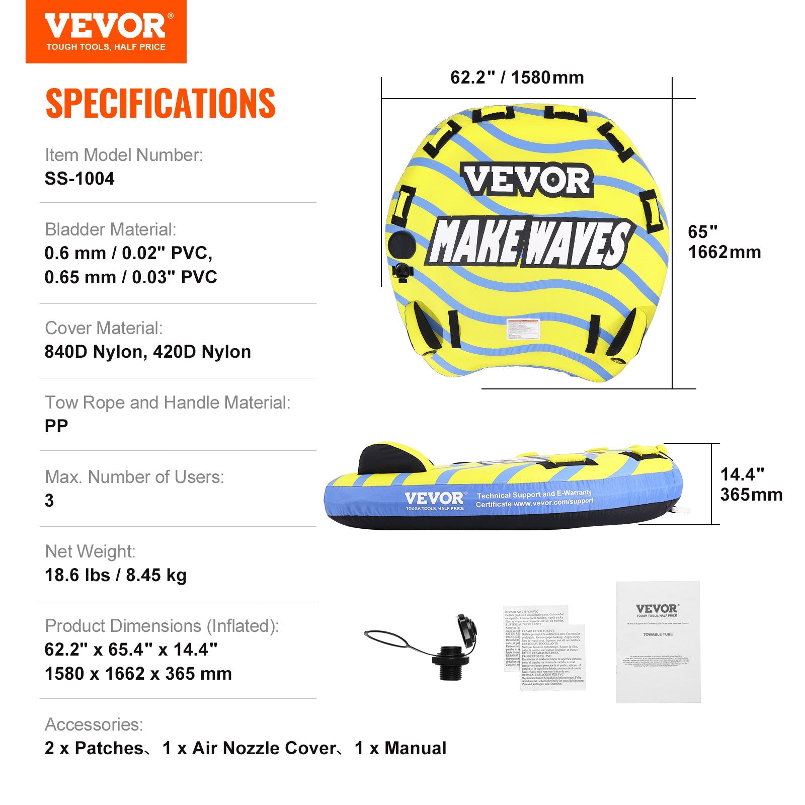 Towable Tube for Boating, 1-3 Riders Inflatable Towable Tube with Bumper Fins, 510 lbs Water Sport Towable V952-CQTLPDDX3R009ZIE2V0