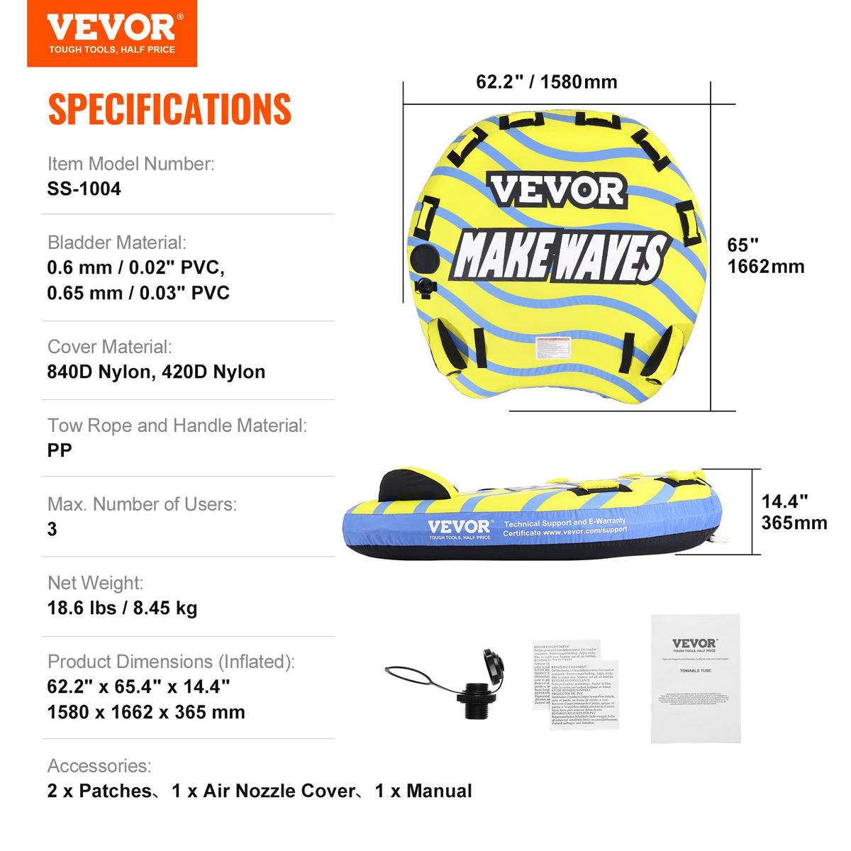 Towable Tube for Boating, 1-3 Riders Inflatable Towable Tube with Bumper Fins, 510 lbs Water Sport Towable V952-CQTLPDDX3R009ZIE2V0