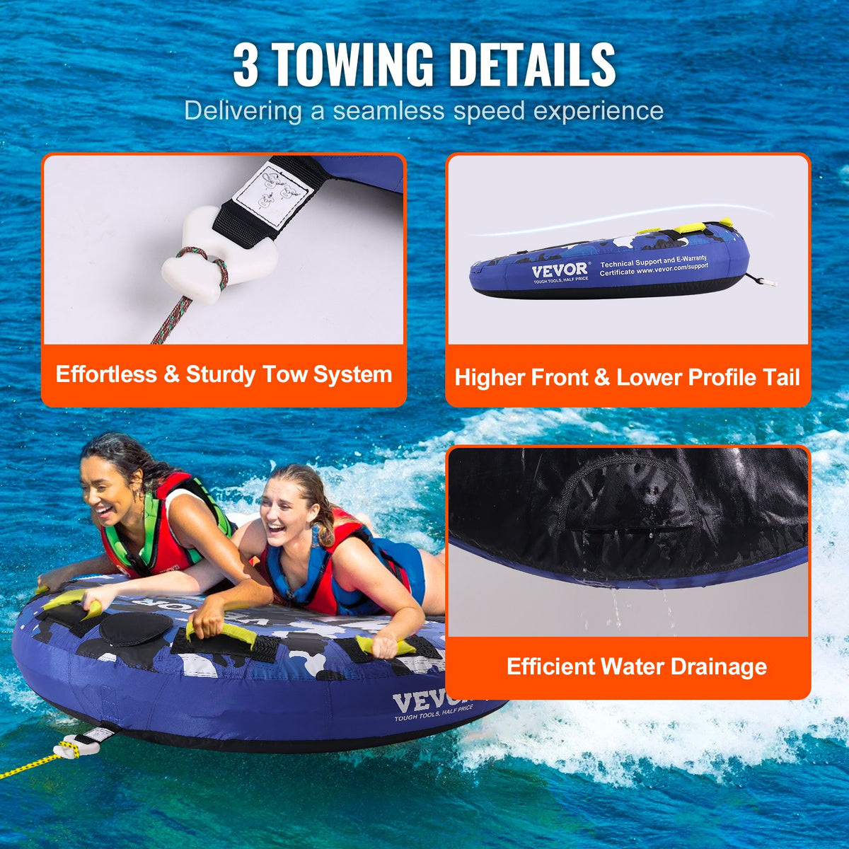 Towable Tube for Boating, 1-2 Riders Inflatable Boat Tubes and Towables, 340 lbs, 51.8" Round Water Sport V952-CQTLPDYX2R00WRC12V0