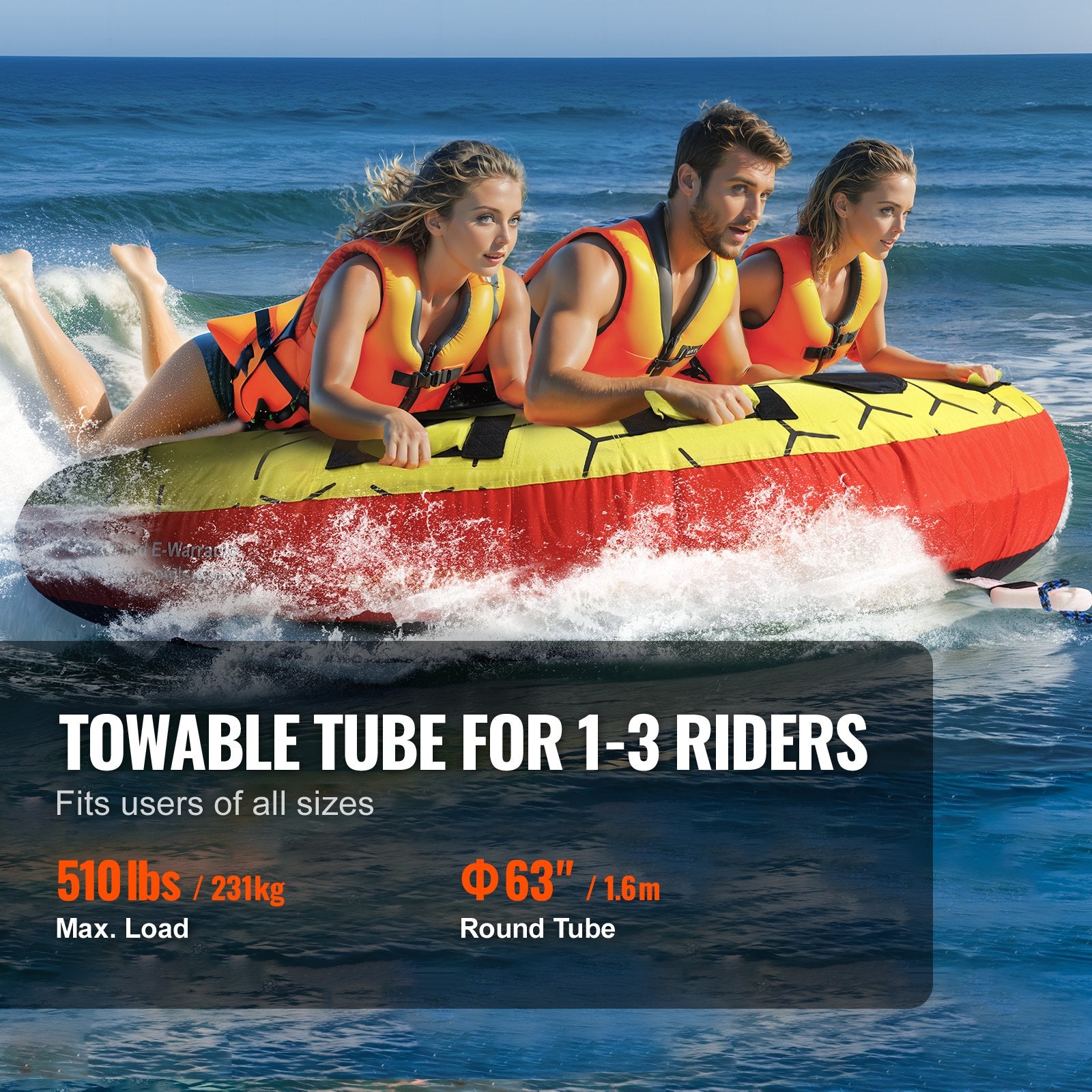 Towable Tube for Boating, 1-3 Riders Inflatable Boat Tubes and Towables, 510 lbs, 63" Round Water Sport V952-CQTLPDYX3R000A9FSV0
