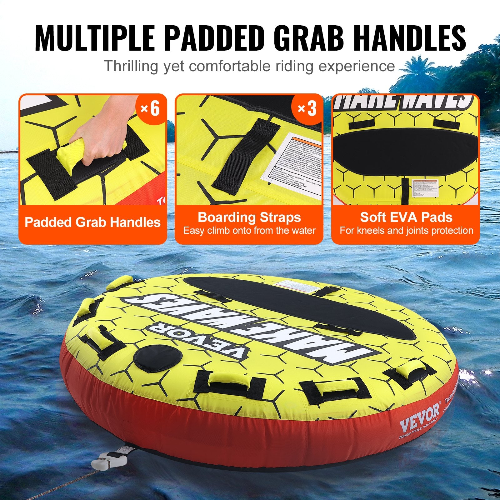 Towable Tube for Boating, 1-3 Riders Inflatable Boat Tubes and Towables, 510 lbs, 63" Round Water Sport V952-CQTLPDYX3R000A9FSV0