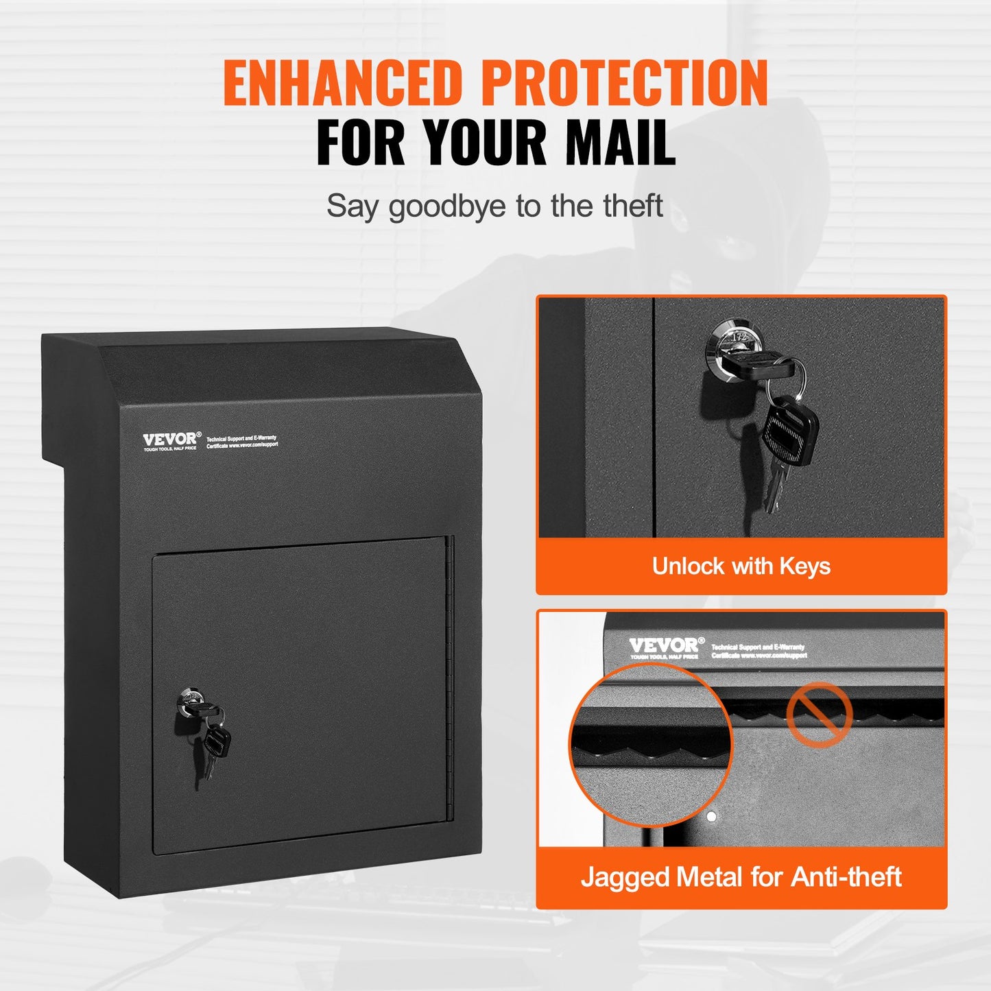 Through The Door Key Drop Box, Heavy Duty Steel Through the Door Mailbox with 1.8" 12" Key Lock, 12x6x16" V952-CQXBX12616INYUG59V0
