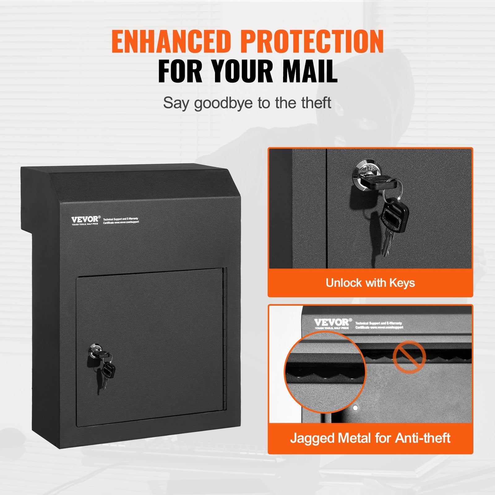 Through The Door Key Drop Box, Heavy Duty Steel Through the Door Mailbox with 1.8" 12" Key Lock, 12x6x16" V952-CQXBX12616INYUG59V0