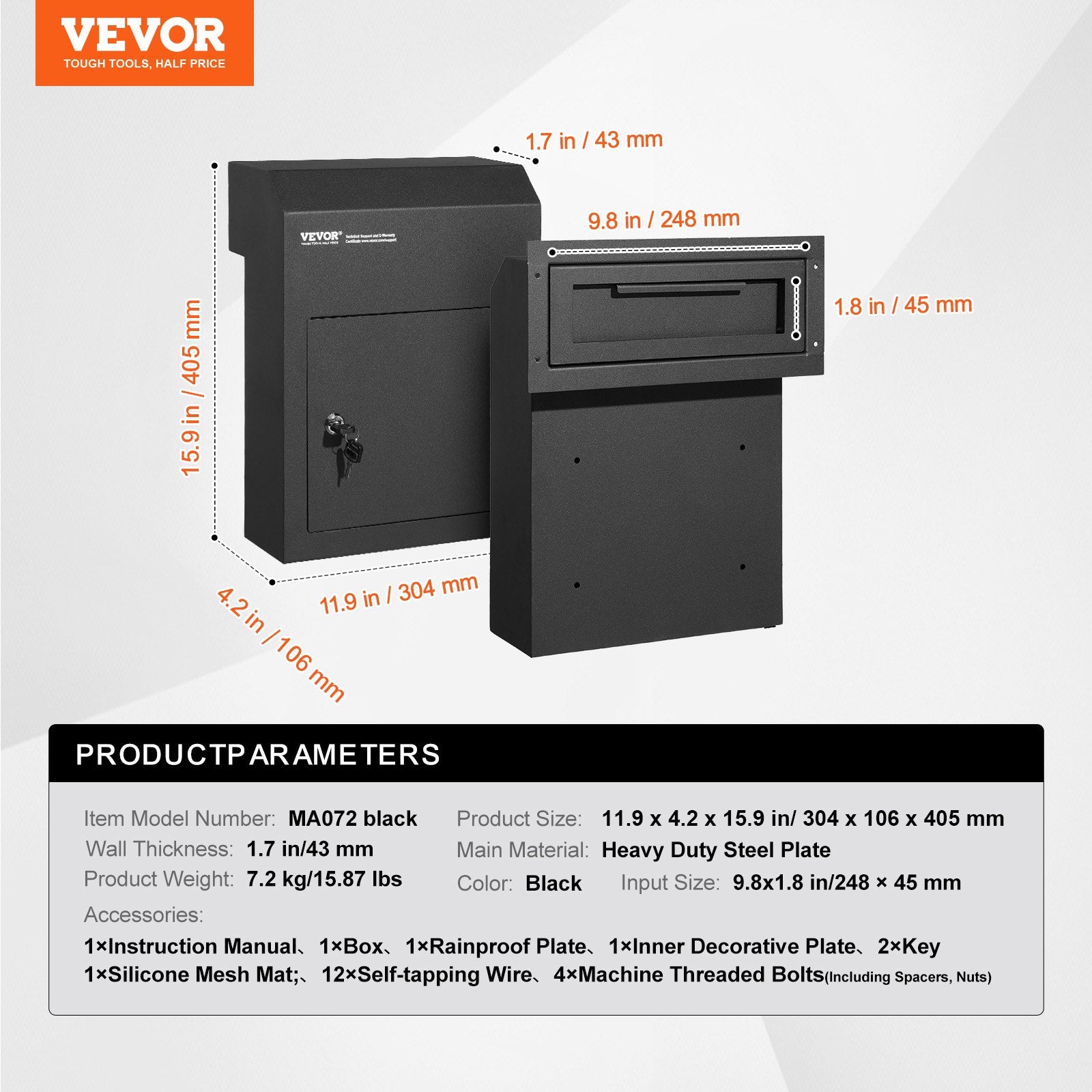 Through The Door Key Drop Box, Heavy Duty Steel Through the Door Mailbox with 1.8" 12" Key Lock, 12x6x16" V952-CQXBX12616INYUG59V0