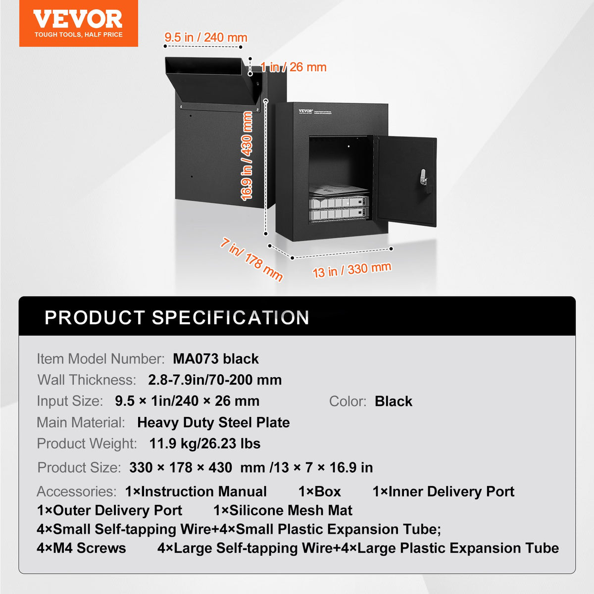 Through The Wall Drop Box, Heavy Duty Steel Through the Wall Mailbox with 2.8-7.9" 13" Combination Lock, V952-CQXBX13717IN9YIN4V0