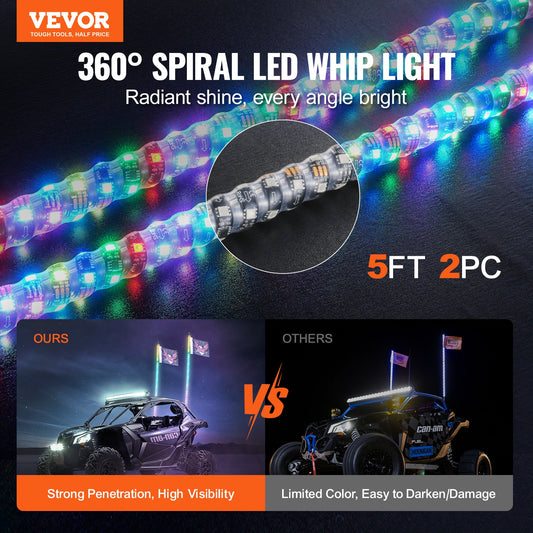 2 PCS 5 FT Whip Light, APP & RF Remote Control Led Whip Light, Waterproof Spiral RGB Chasing Lighted Whips V952-CRKJPPTDZ5YCJCVCMV9