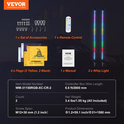 2 PCS 5 FT Whip Light, APP & RF Remote Control Led Whip Light, Waterproof Spiral RGB Chasing Lighted Whips V952-CRKJPPTDZ5YCJCVCMV9