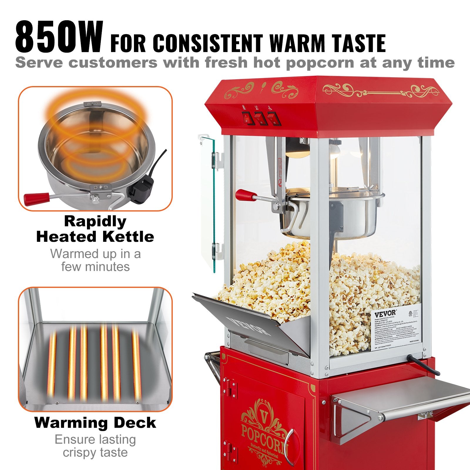 Popcorn Popper Machine with Cart Popcorn Maker 850W 8 Oz 48 Cups Red V952-CSBMHJ8OZ850W171EV3