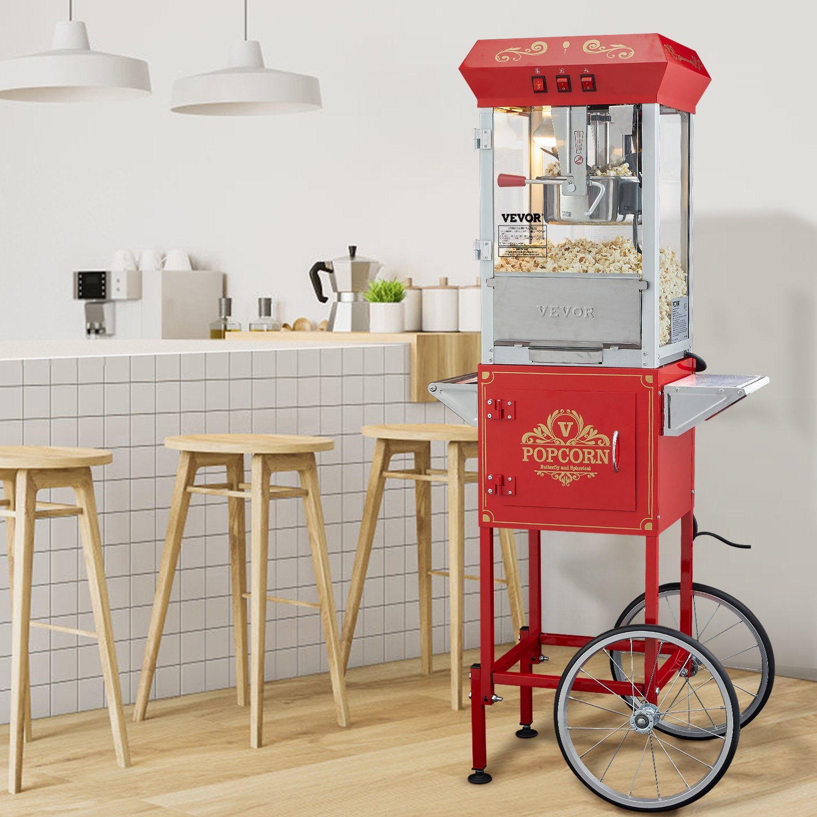 Popcorn Popper Machine with Cart Popcorn Maker 850W 8 Oz 48 Cups Red V952-CSBMHJ8OZ850W171EV3